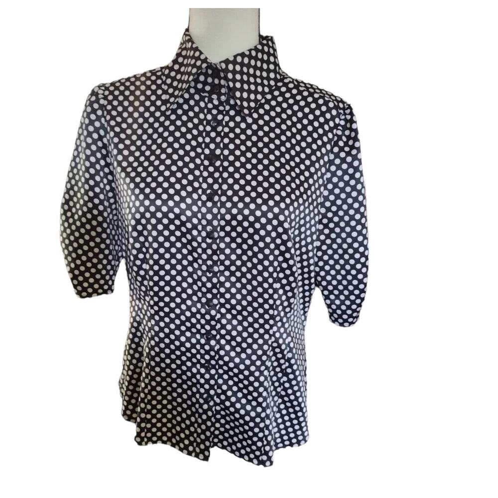 Mixit Petite Large Womens Polka Dot Button Down Blouse Ruched 1/2 Length Sleeves